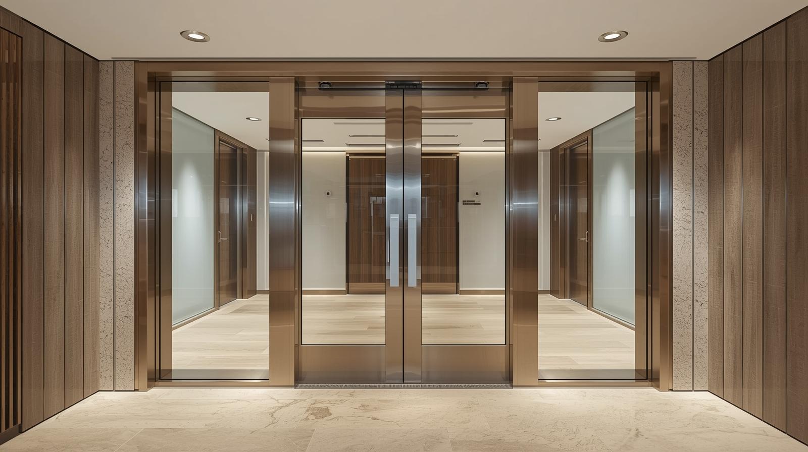 Aluminium double leaf door in modern office building lobby -vigorawindows.com