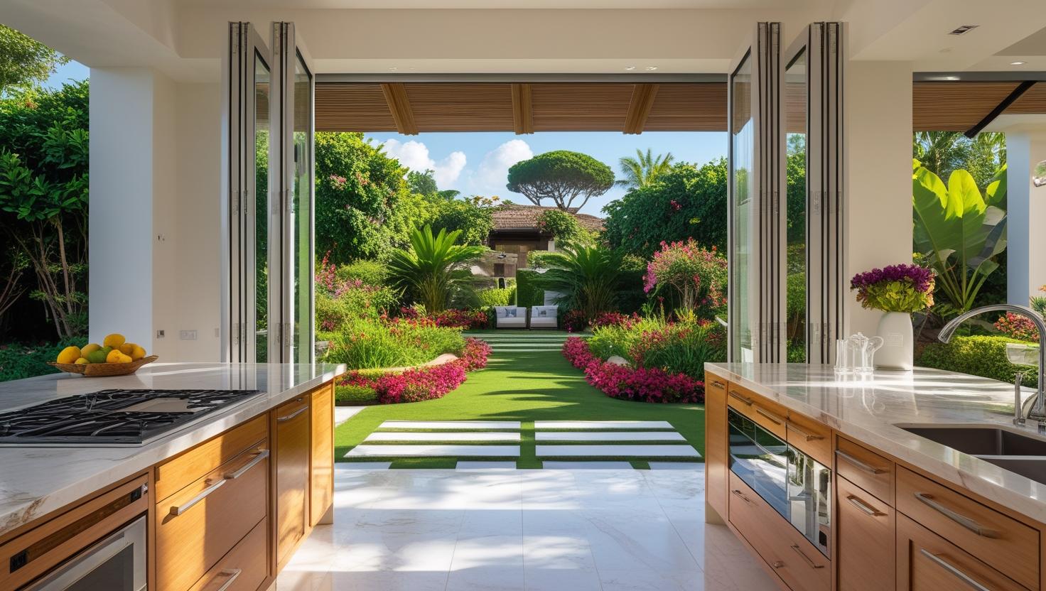 Luxury villa kitchen with aluminium bifold windows opening to garden -vigorawindows.com