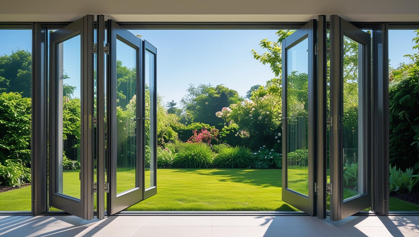 Modern aluminium bifold windows fully opened to garden -vigorawindows.com