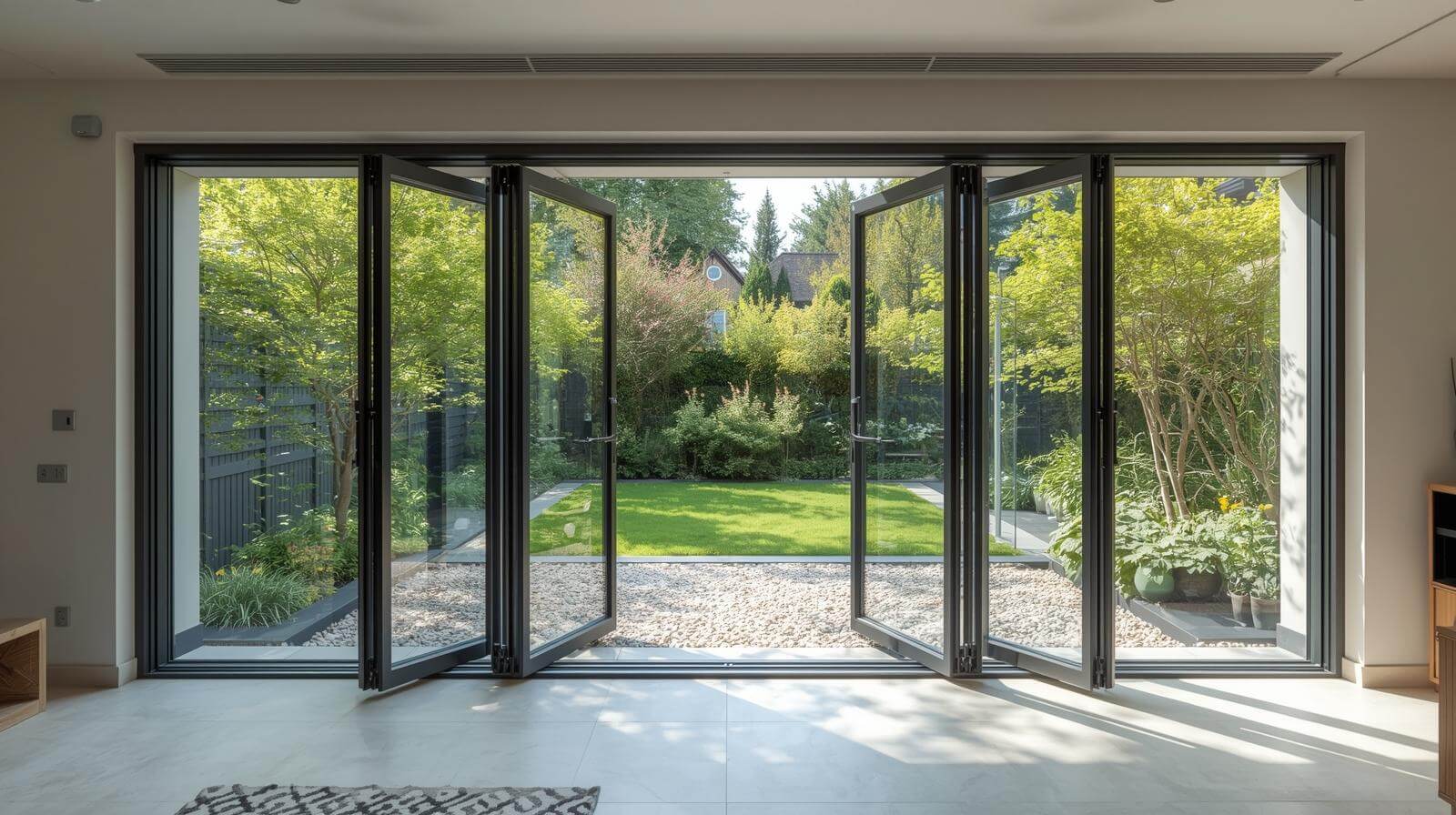 aluminium bifold door fully opened to outdoor terrace-vigorawindows.com