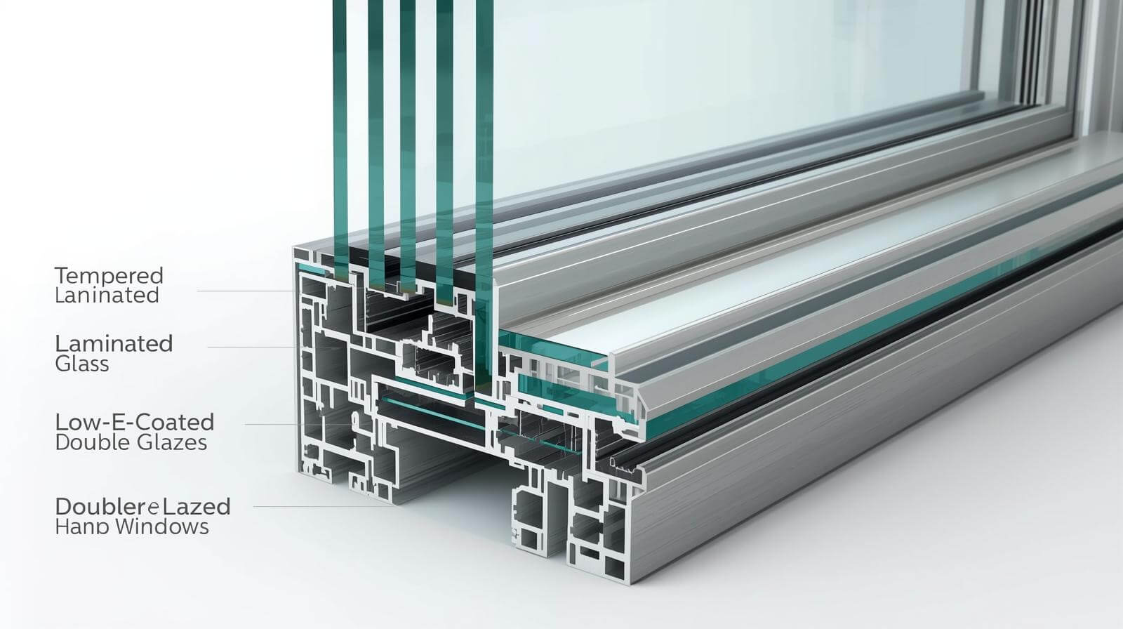 cross section of tempered, laminated, Low-E, and double glazed glass used in aluminium double hung windows-vigorawindows.com