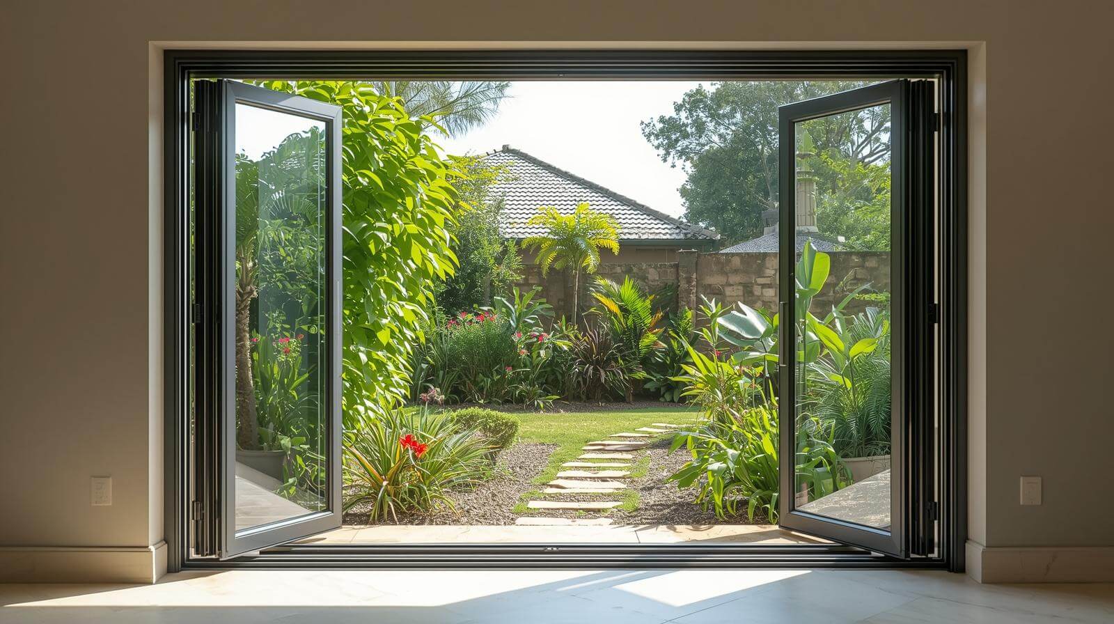 uPVC bi fold glass door fully opened in an African residential garden-vigorawindows.com