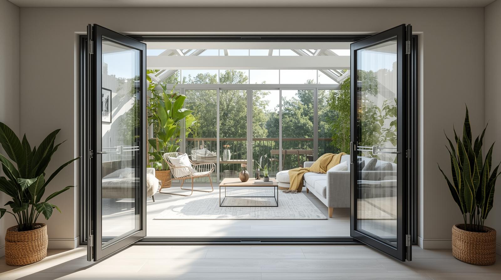 Aluminium double glass door opening to a living room and balcony -vigorawindows.com
