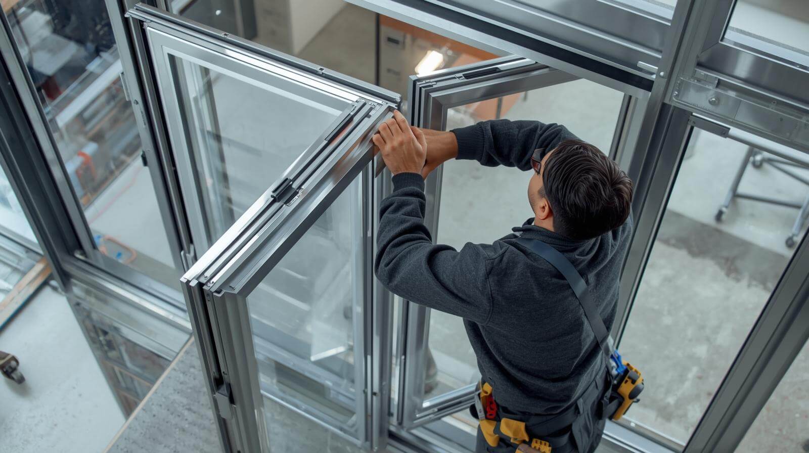 technician installing aluminium glass bifold door panels with precision tools-vigorawindows.com