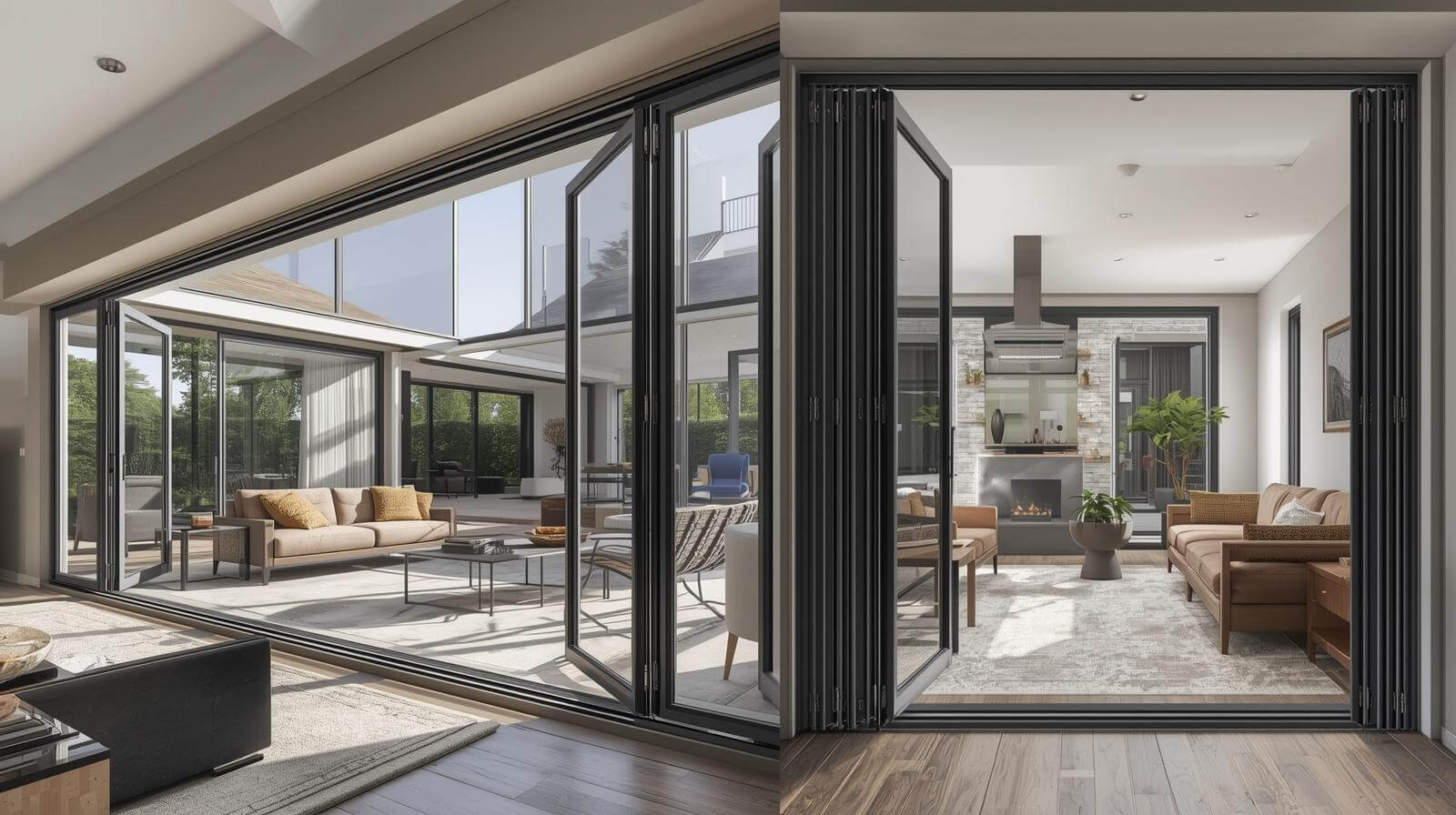 comparison between spacious living room with aluminium glass bifold door and compact room with limited folding space-vigorawindows.com