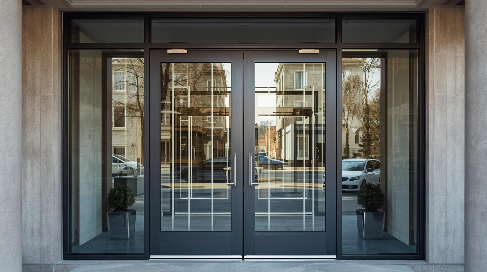modern building entrance with aluminium double glass doors-vigorawindows.com