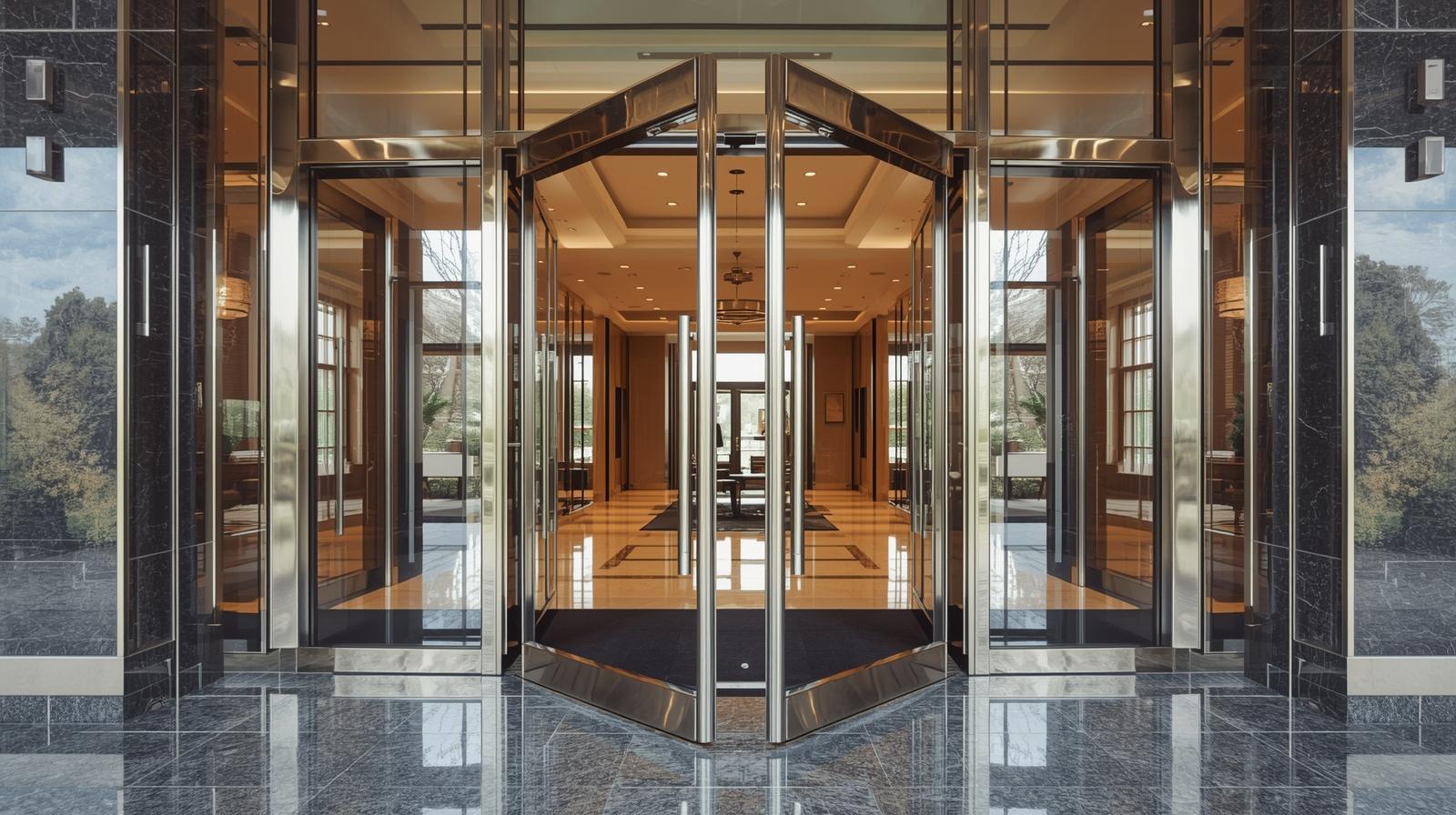 Aluminium double swing door at a hotel entrance fully opened -vigorawindows.com