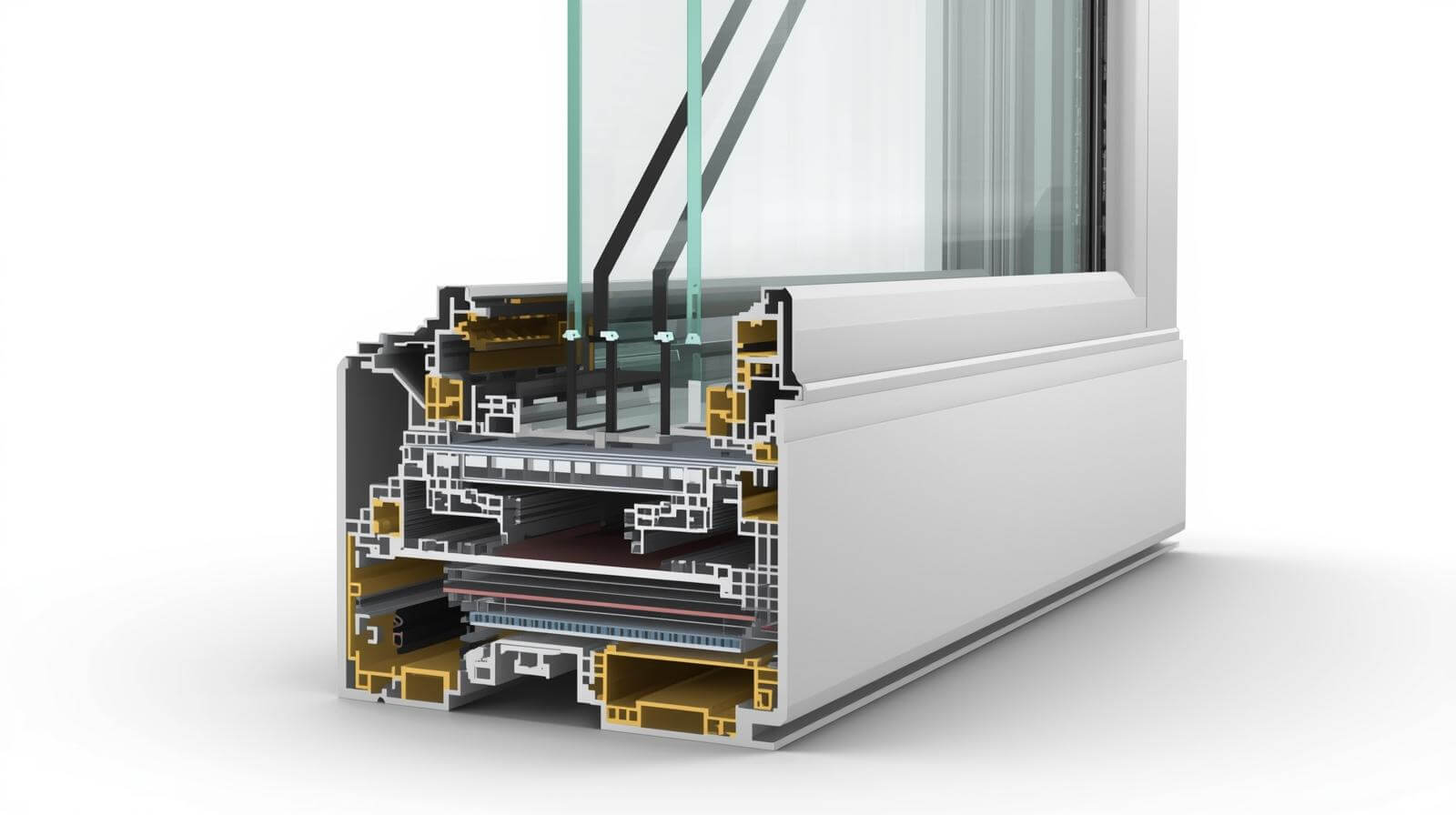 cross section of aluminium fixed window showing double glazed structure and thermal break frame