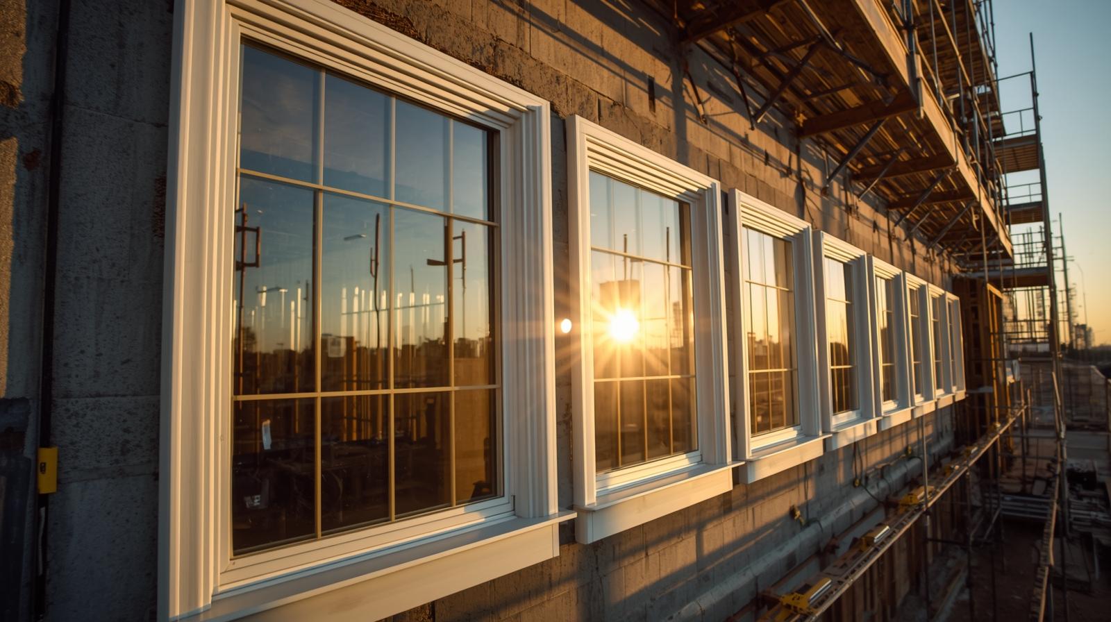 Custom aluminum double hung glass windows being installed on construction site-vigorawindows.com