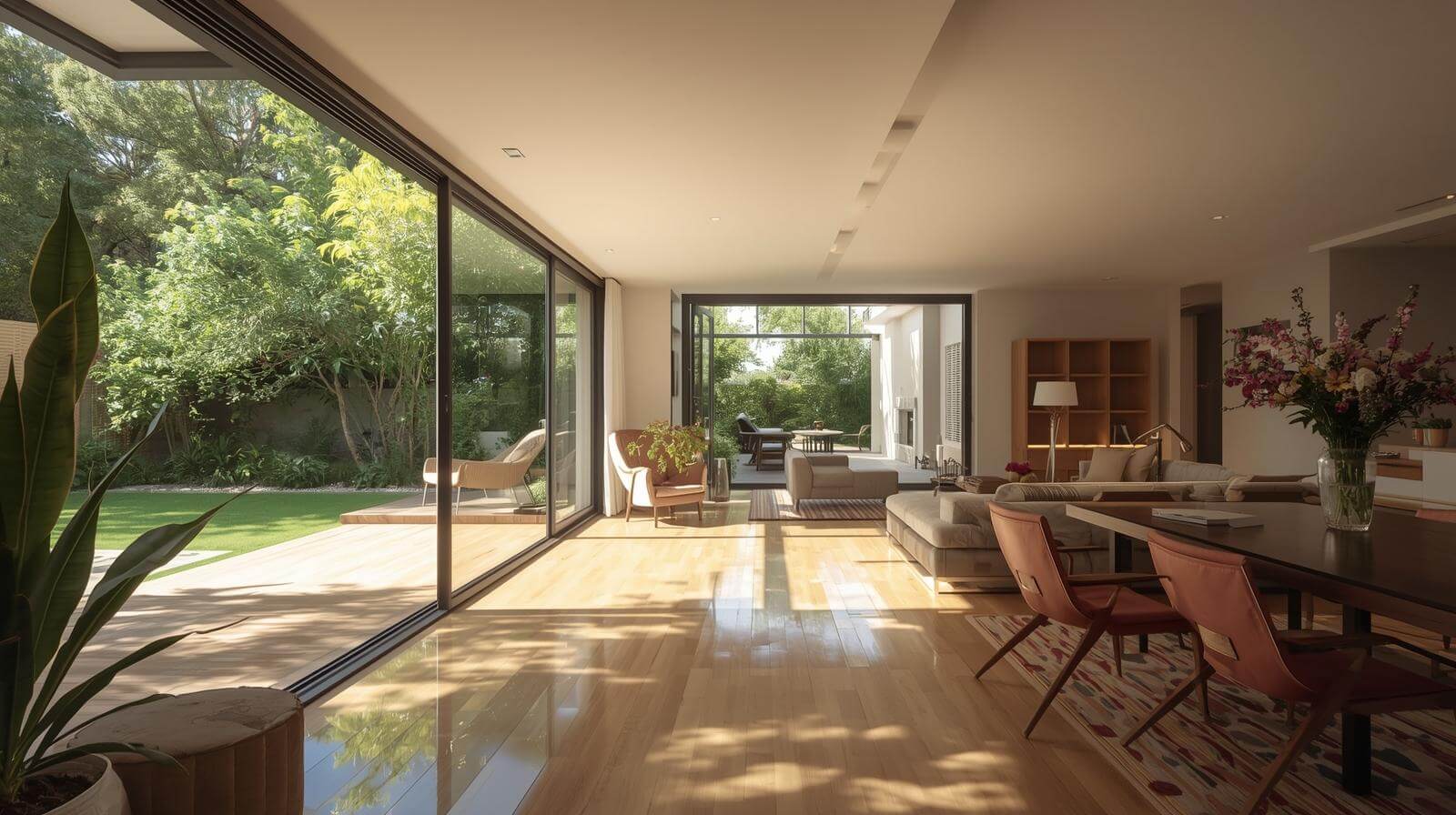 Living room connected with garden by aluminium French door -vigorawindows.com