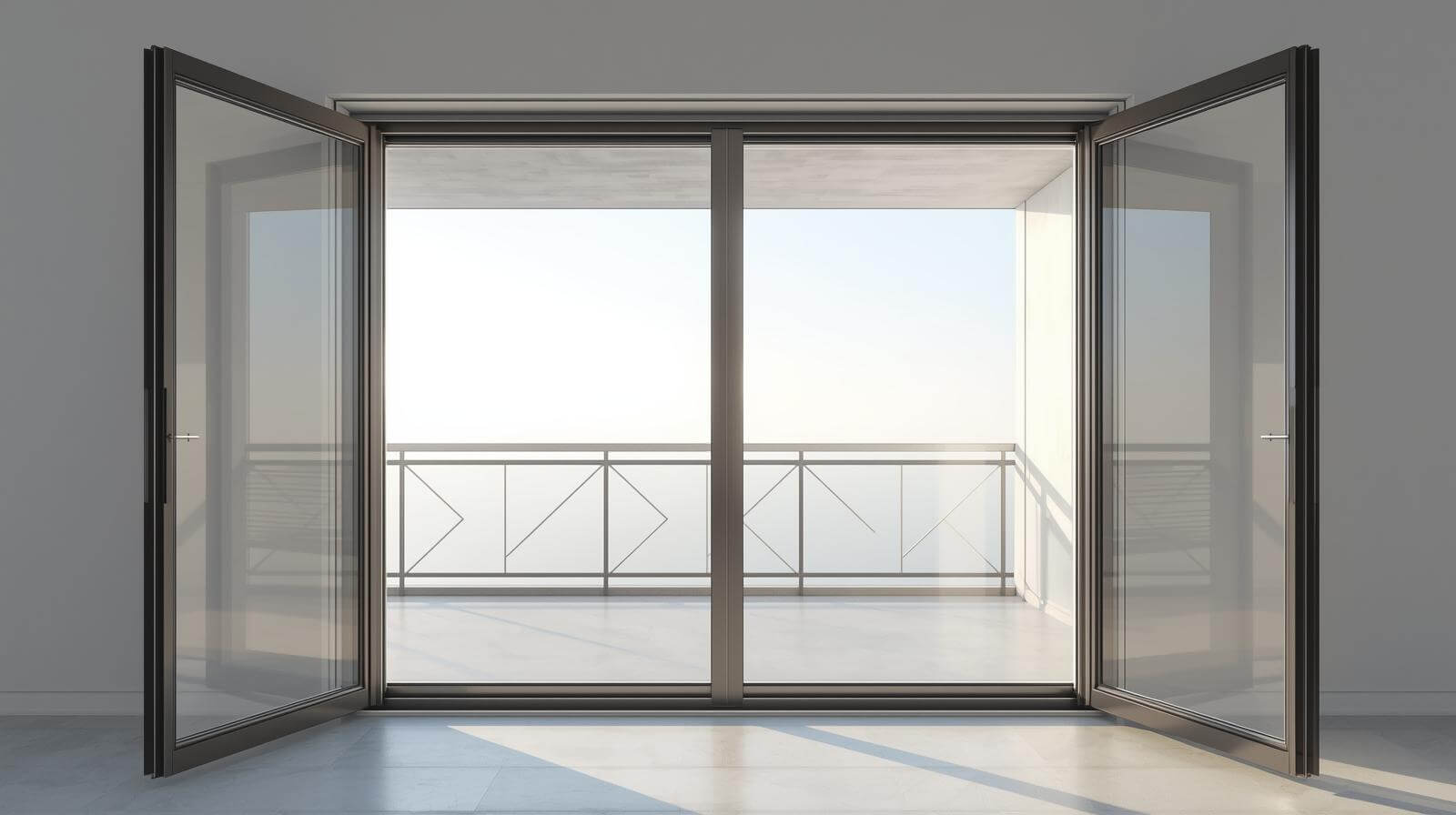 Aluminium all glass French door with modern balcony design -vigorawindows.com