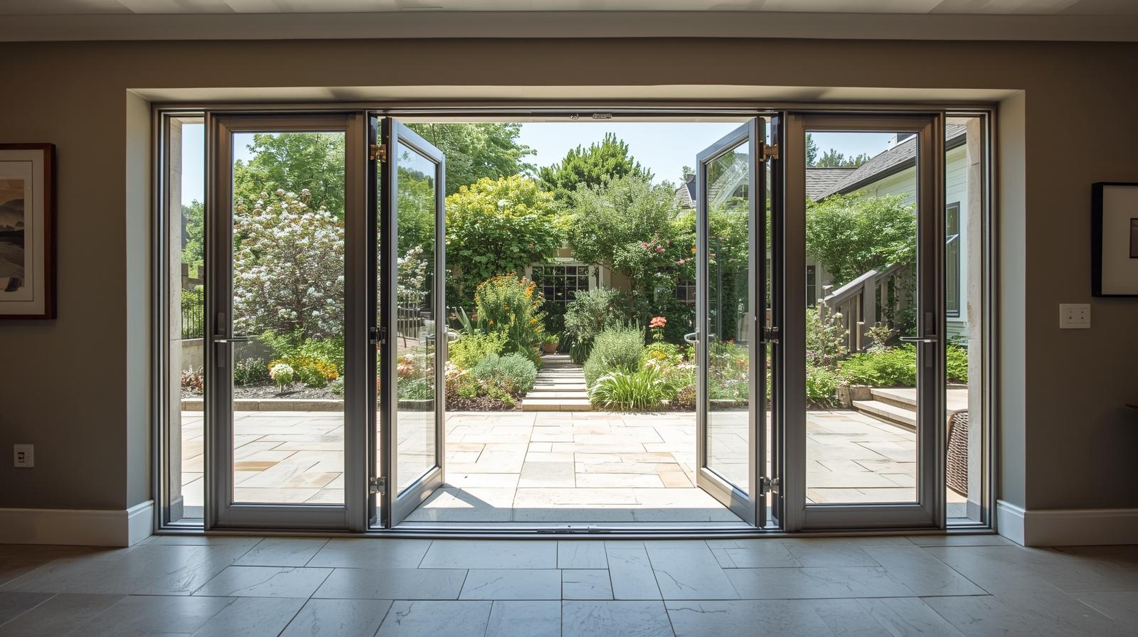 Elegant aluminium French glass doors opening to a garden patio-vigorawindows.com