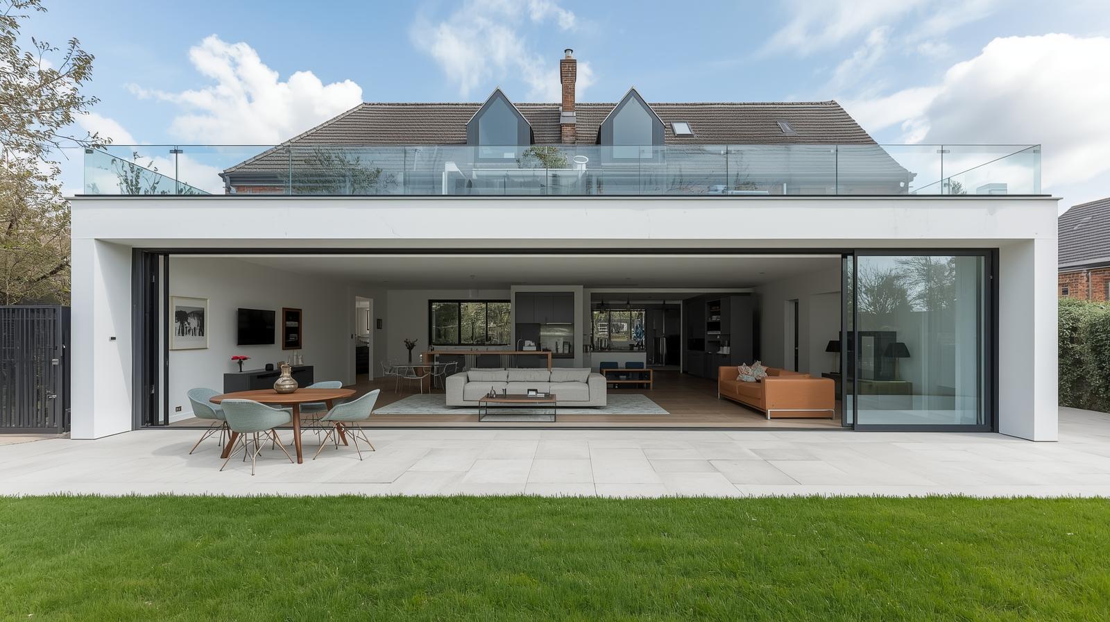 Modern house with uPVC bi-fold glass doors connecting indoor and outdoor space-vigorawindows.com