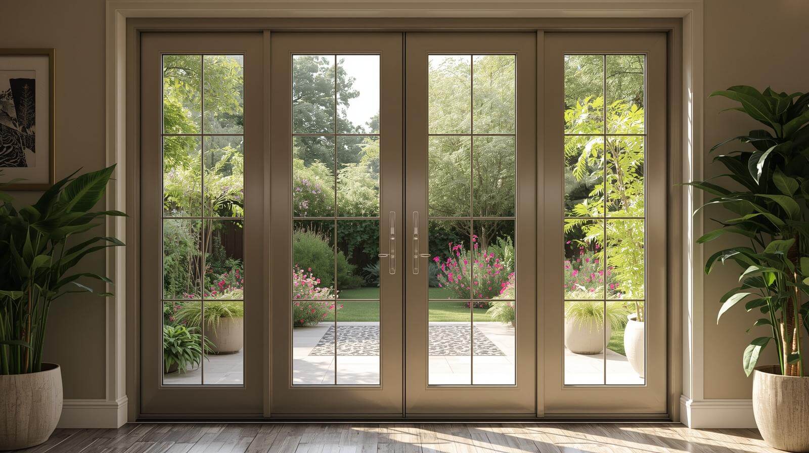 modern aluminium french door opening to garden patio-vigorawindows.com