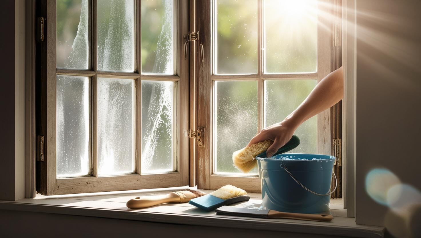 homeowner cleaning uPVC casement window with easy-access hinges-vigorawindows.com