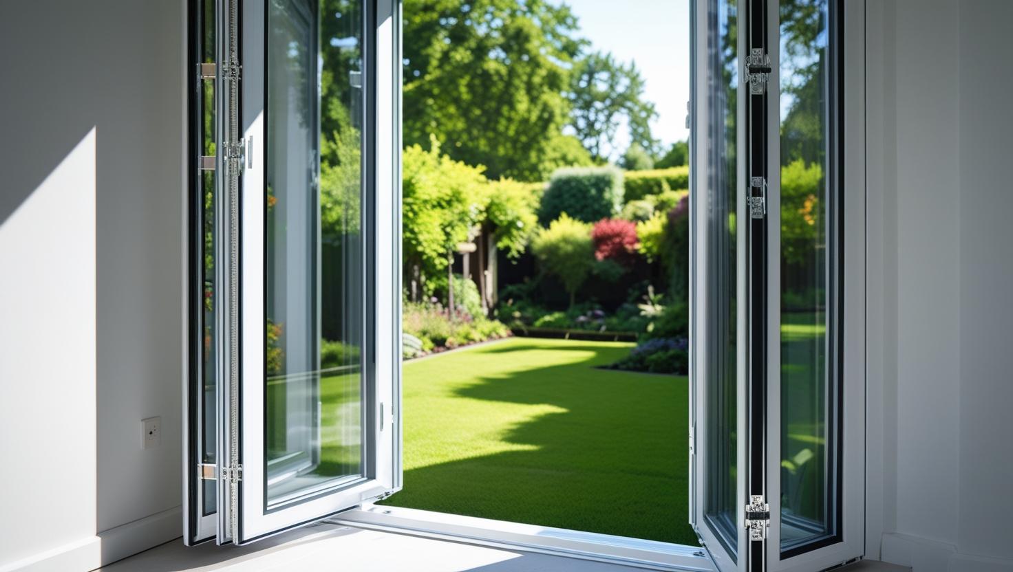Modern aluminium bifold windows fully opened to garden view-vigorawindows.com