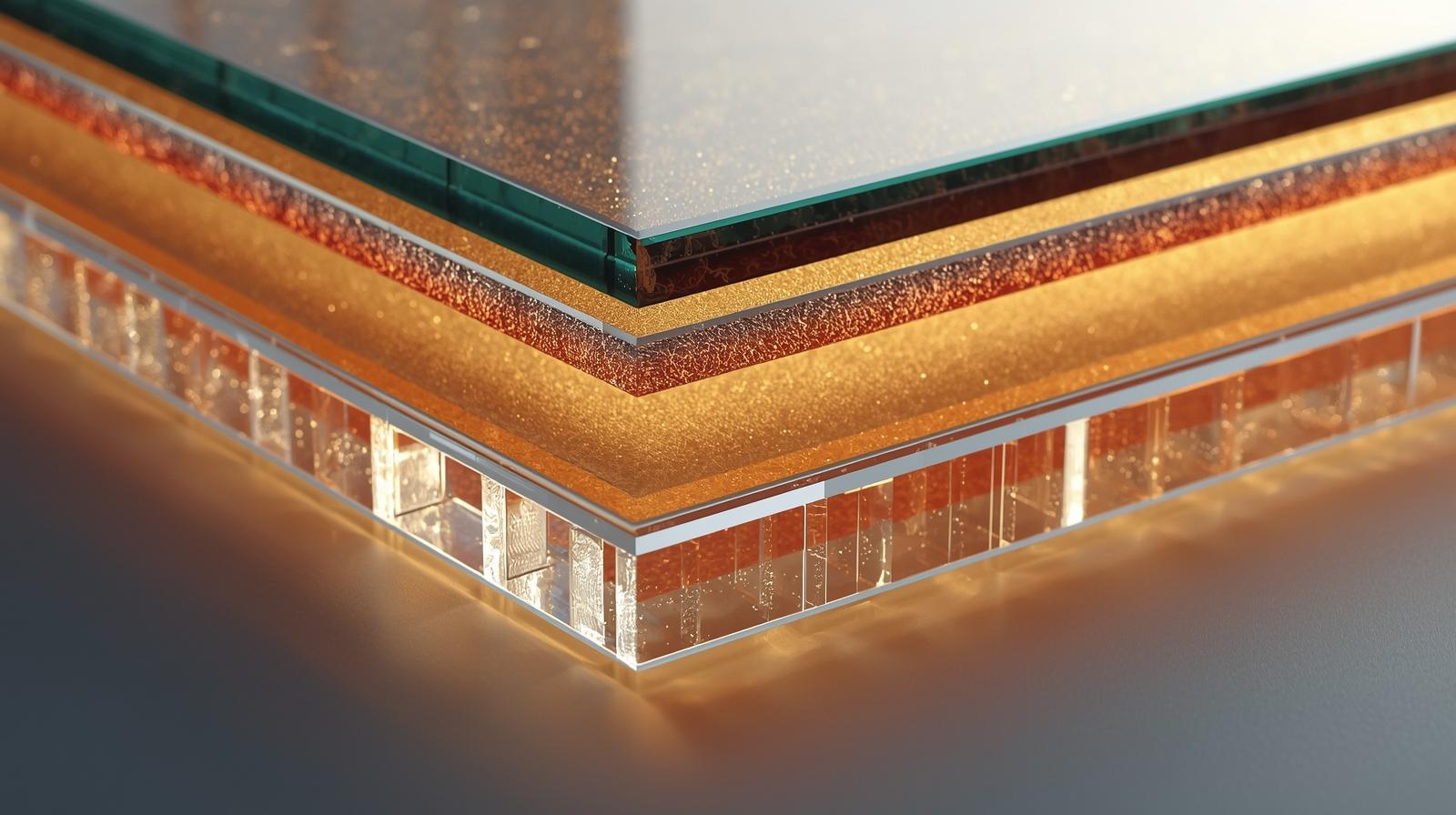 Cross-section of laminated fire glass showing multiple layers and intumescent interlayer-vigorawindows.com